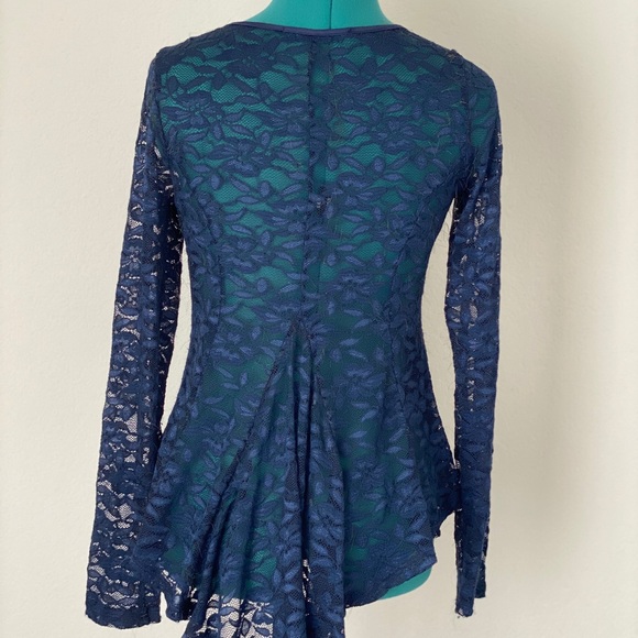 SOLD NAVY BLUE lace peplum see-through blouse Size S - Picture 9 of 9